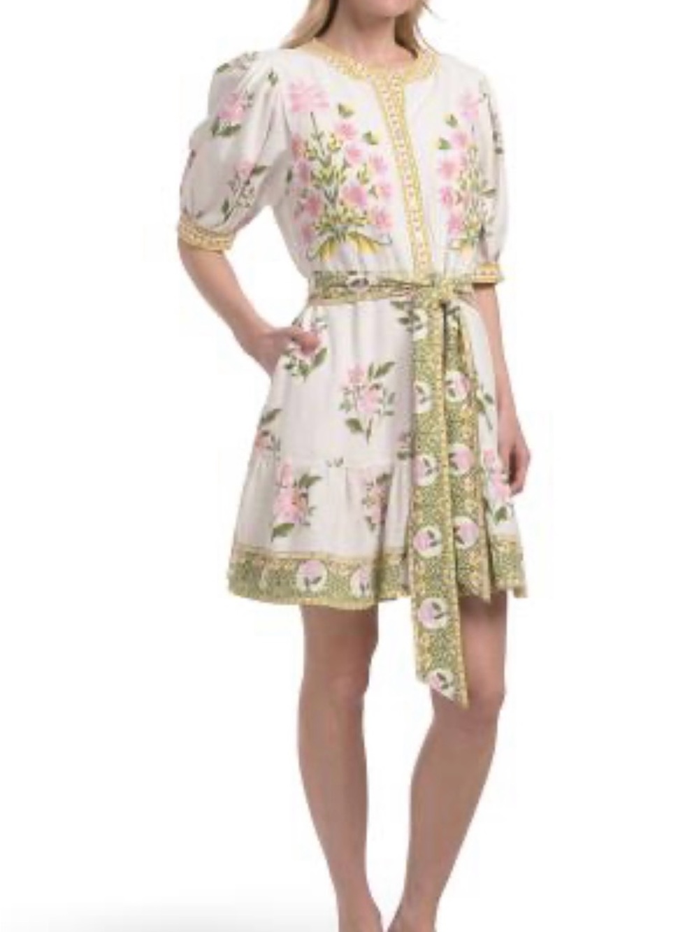calypso St Barth Floral Embroidered Belted Mini Dress - Pink & Green on Ivory